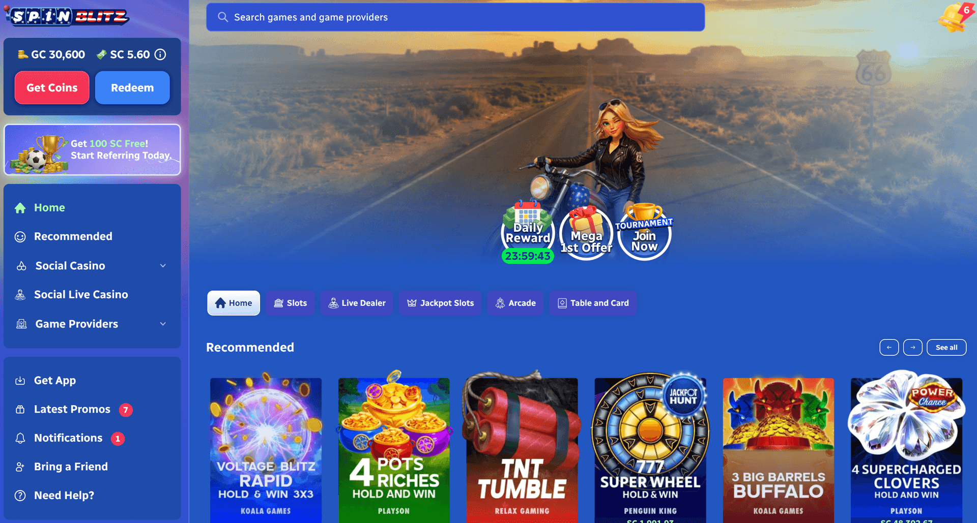 SpinBlitz lobby showing the Route 66 desert highway theme, Slots, Live Dealer, Jackpot Slots, Arcade, and Table and Card tabs, the Daily Reward countdown button, and the Get 100 SC Free referral banner