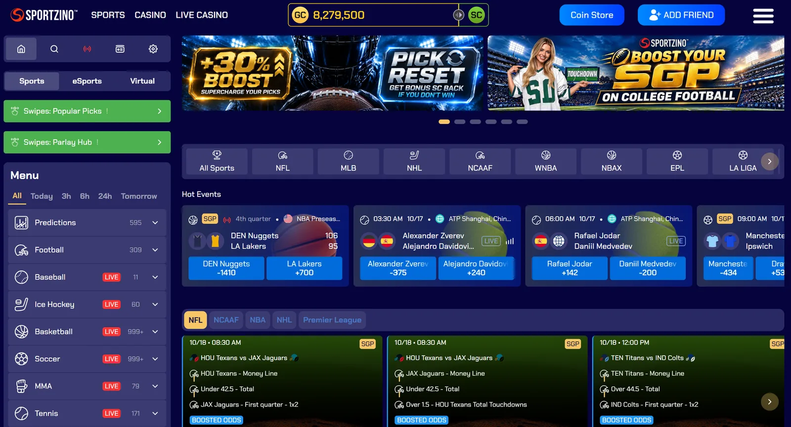 Sportzino sportsbook with NFL same-game parlays and boosted odds, a Stake.us alternative with sports and casino under one login