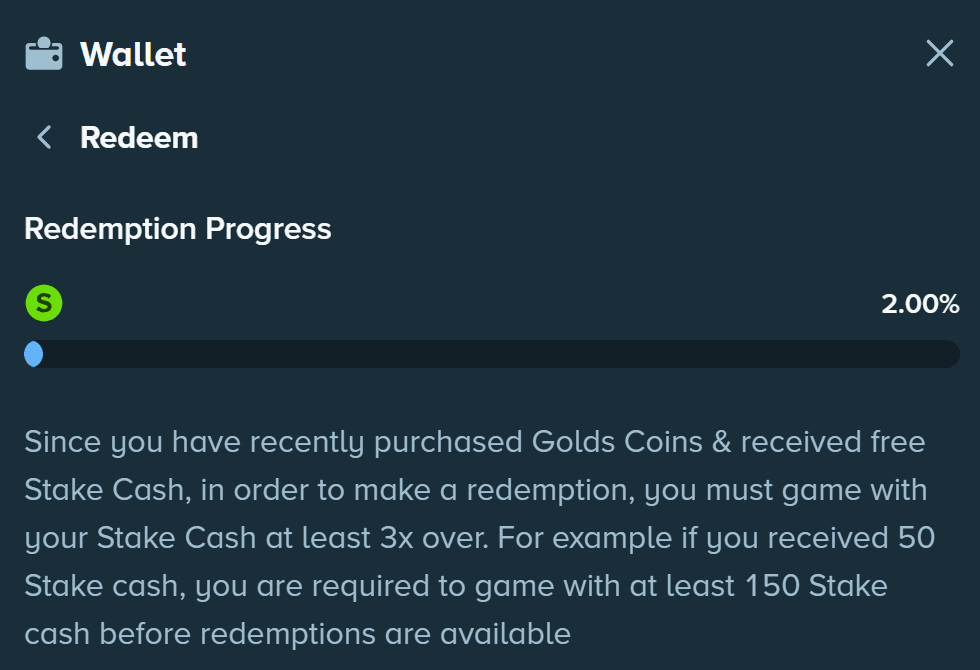 Stake.us Redeem screen showing Redemption Progress at 2.00% after a Gold Coin purchase, with the 3x Stake Cash playthrough requirement explained