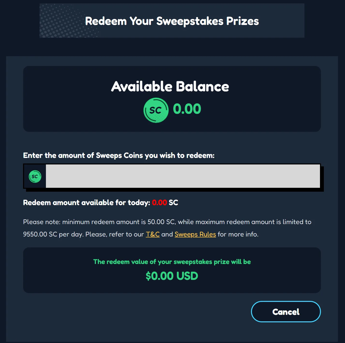 Yay Casino Redeem Your Sweepstakes Prizes screen showing the available Sweeps Coins balance, the amount field, and the note that the minimum redeem amount is 50.00 SC and the maximum is 9,550.00 SC per day