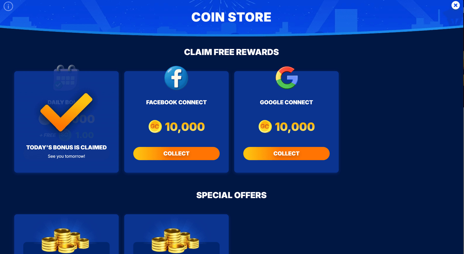 Zula Casino Coin Store showing the Claim Free Rewards row: the daily bonus tile already claimed for the day, plus Facebook Connect and Google Connect worth 10,000 GC each