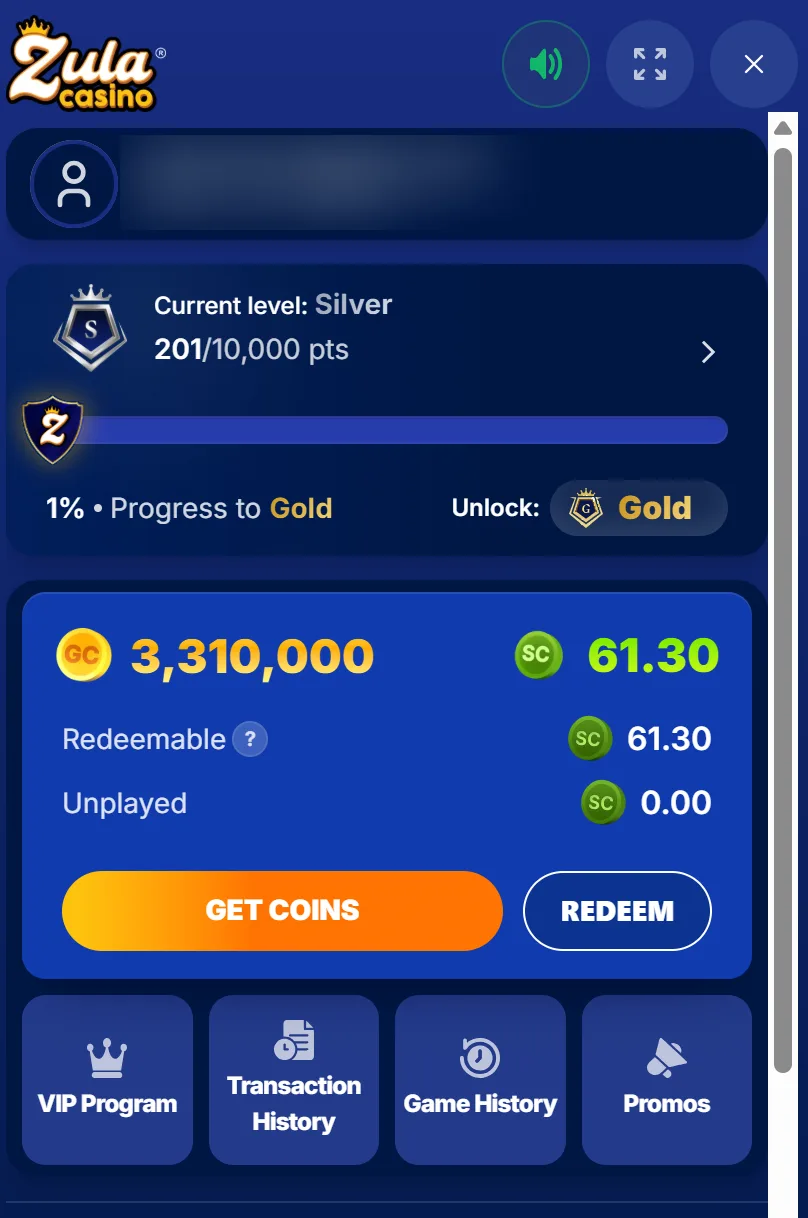 Zula Casino account panel showing VIP level Silver at 201 of 10,000 points toward Gold, 3,310,000 GC, 61.30 SC with 61.30 redeemable and 0.00 unplayed, and Get Coins, Redeem, VIP Program, Transaction History, Game History and Promos buttons