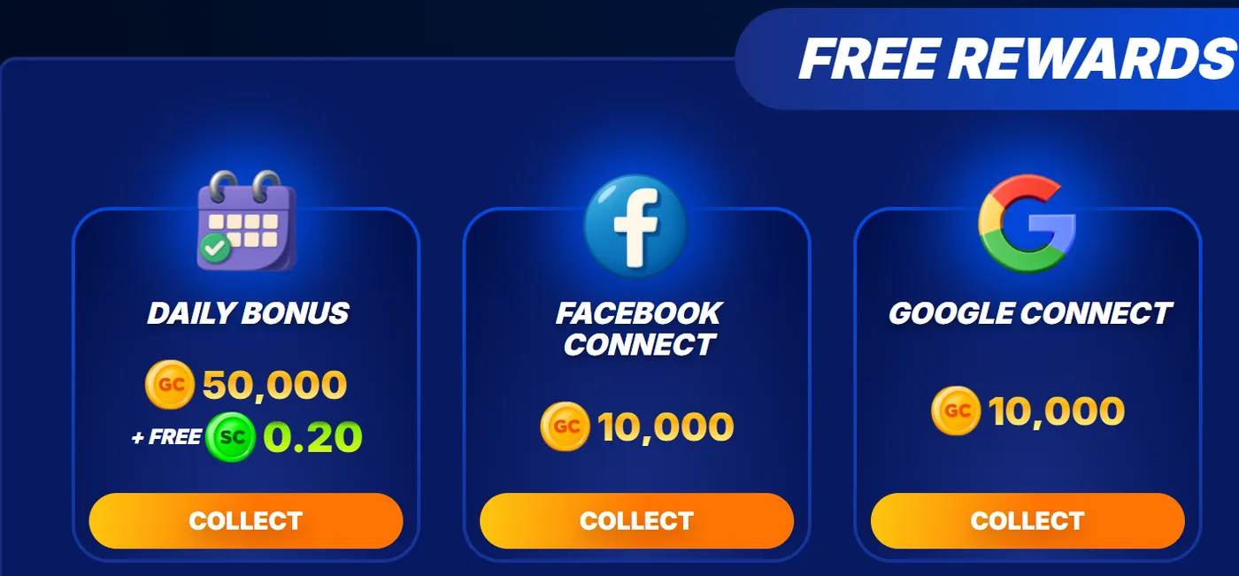 Zula Casino Coin Store Free Rewards row on 16 October 2026: Daily Bonus of 50,000 GC + 0.20 free SC, Facebook Connect 10,000 GC and Google Connect 10,000 GC, each with a Collect button