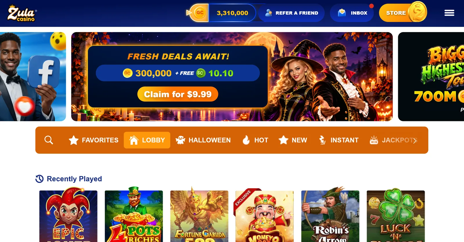 Zula Casino lobby in October 2026 with a 300,000 GC + 10.10 free SC offer for $9.99, the Favorites, Lobby, Halloween, Hot, New, Instant and Jackpots tabs, and recently played Epic Joker, 4 Pots Riches, Fortune Garuda 500, Money Pot Zula, Robin's Arrow and Luck 'N' Clovers