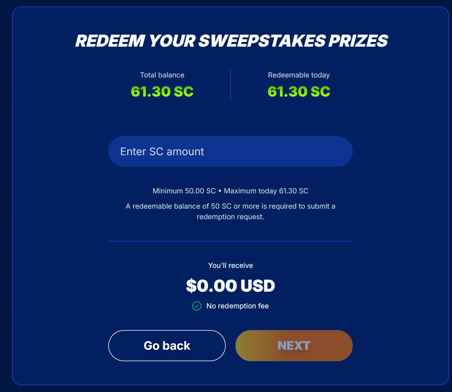 Zula Casino Redeem Your Sweepstakes Prizes screen showing a total and redeemable balance of 61.30 SC, Minimum 50.00 SC, Maximum today 61.30 SC, and No redemption fee