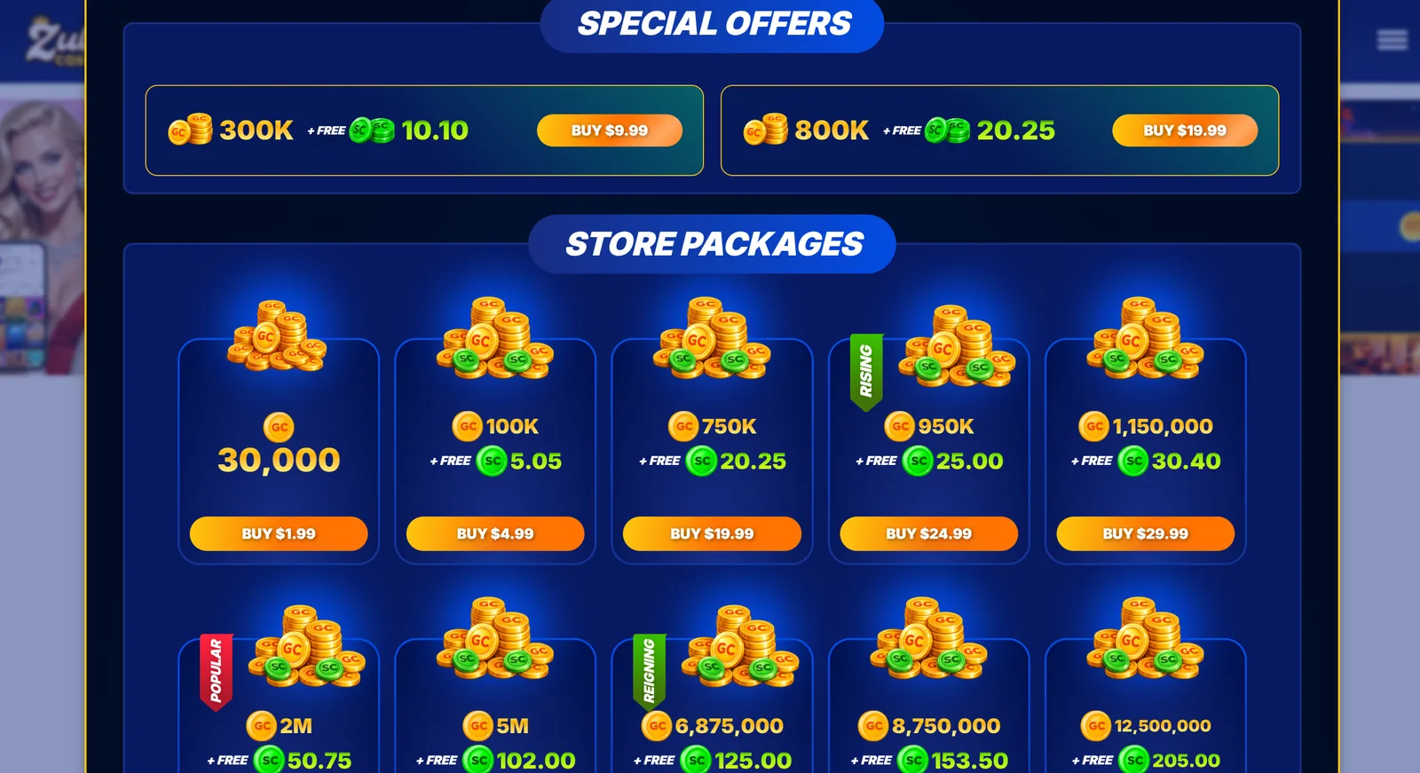 Zula Casino Coin Store Special Offers (300K GC + 10.10 free SC for $9.99, 800K GC + 20.25 free SC for $19.99) and Store Packages from 30,000 GC for $1.99 up to 12,500,000 GC + 205 free SC
