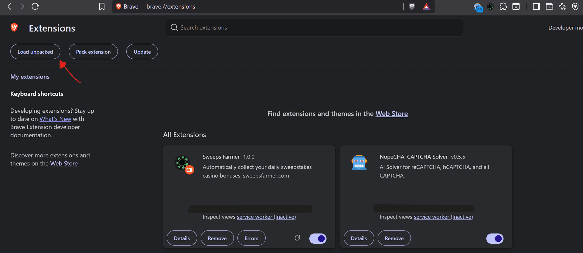 Chrome Extensions page with the Load unpacked button highlighted in the top-left corner