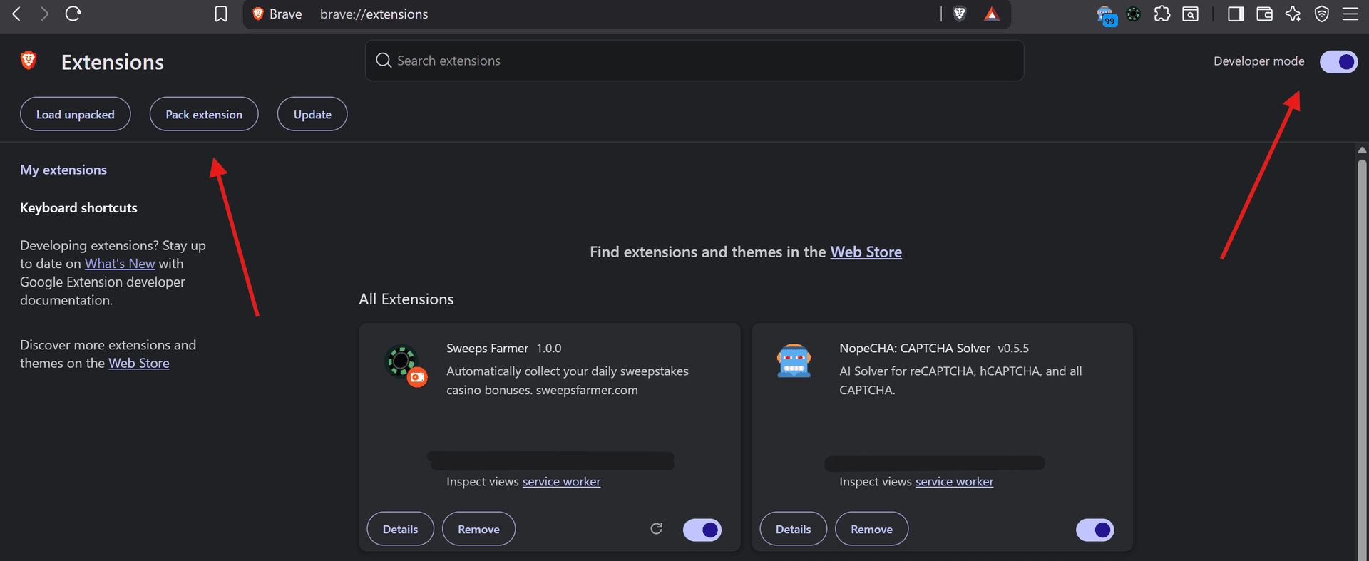 Chrome Extensions page showing Developer mode toggle enabled and the Pack extension button in the top-left